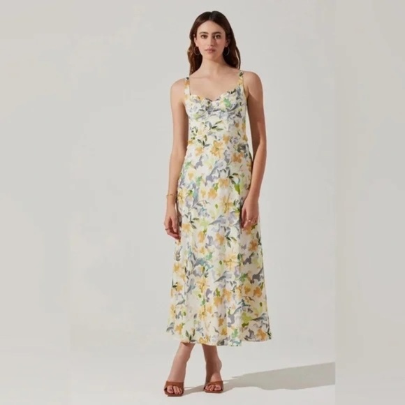 New! ASTR the Label Floral Corset Satin Dress Yellow Cream Floral 45286 - Picture 1 of 16